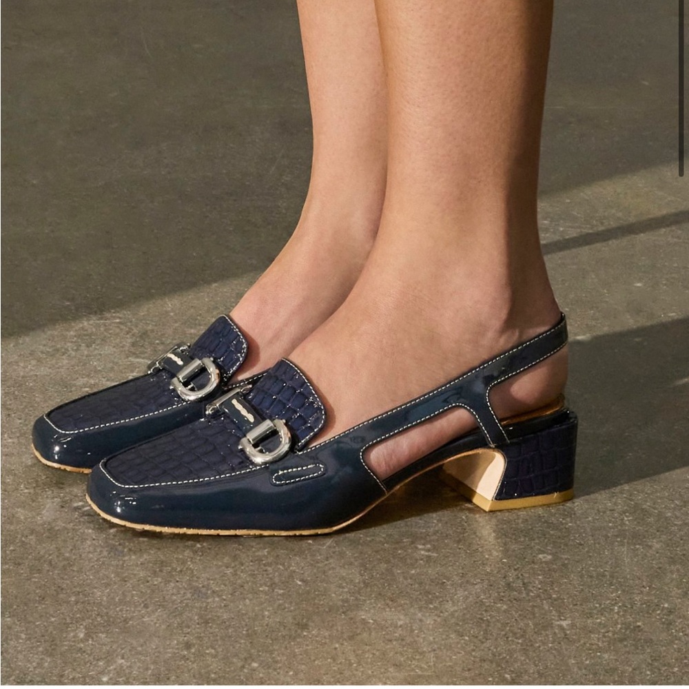 Donald Pliner Brandie Navy Croc-Embossed Slingback Loafers 1.5” Heel Size 11